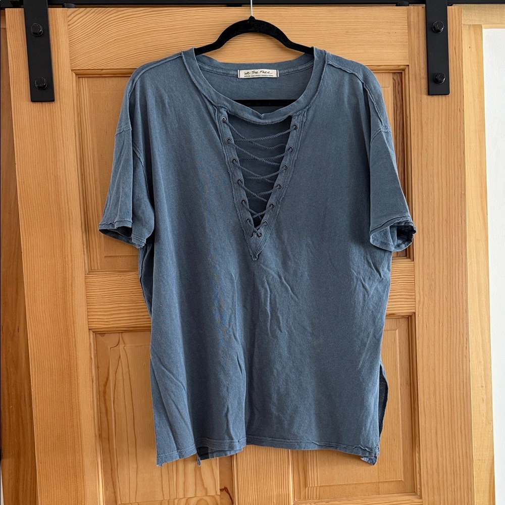 We The Free Blue Lace-Up Short Sleeve Tee